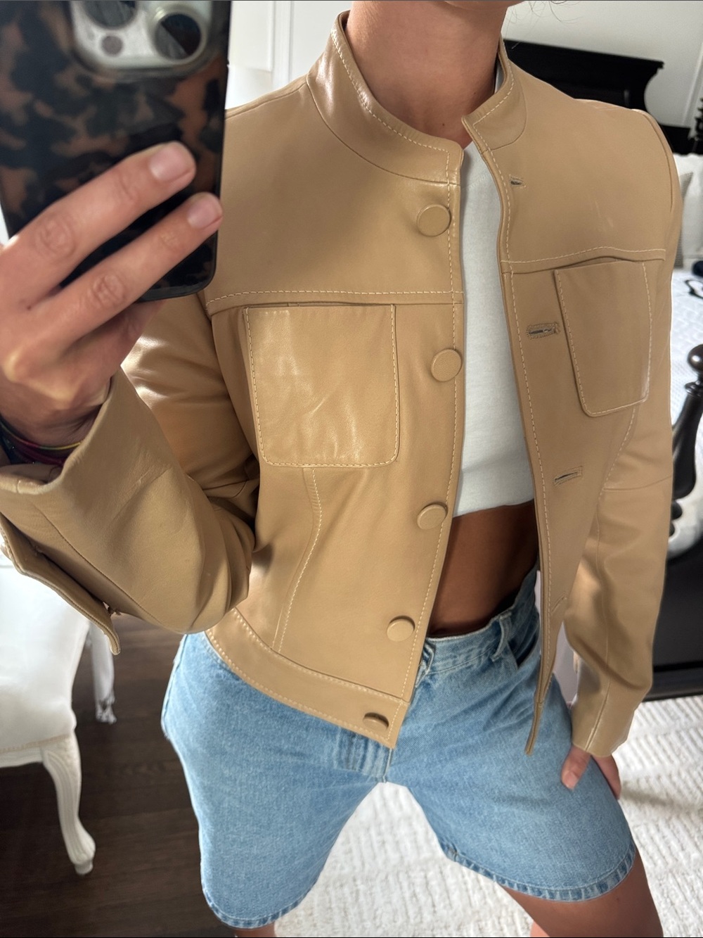 Tommy Hilfiger Beige Tan Leather Button-Front Jacket